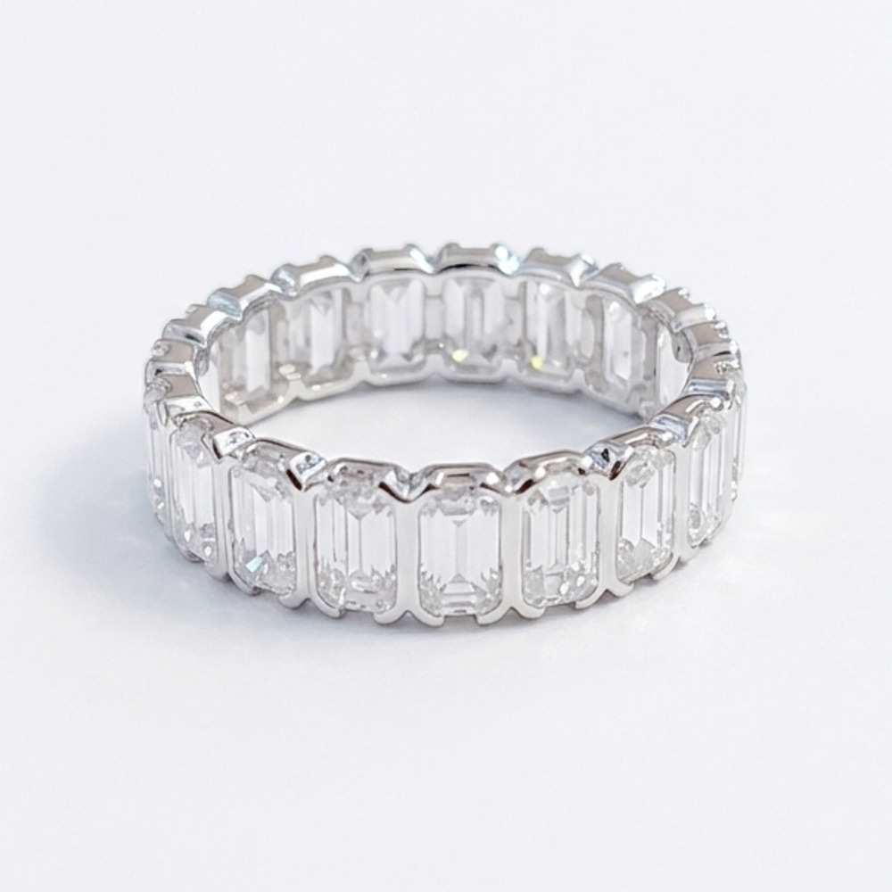 Emerald Cut Moissanite Eternity Band - Rhodium Plated 925 Sterling Silver Size 8